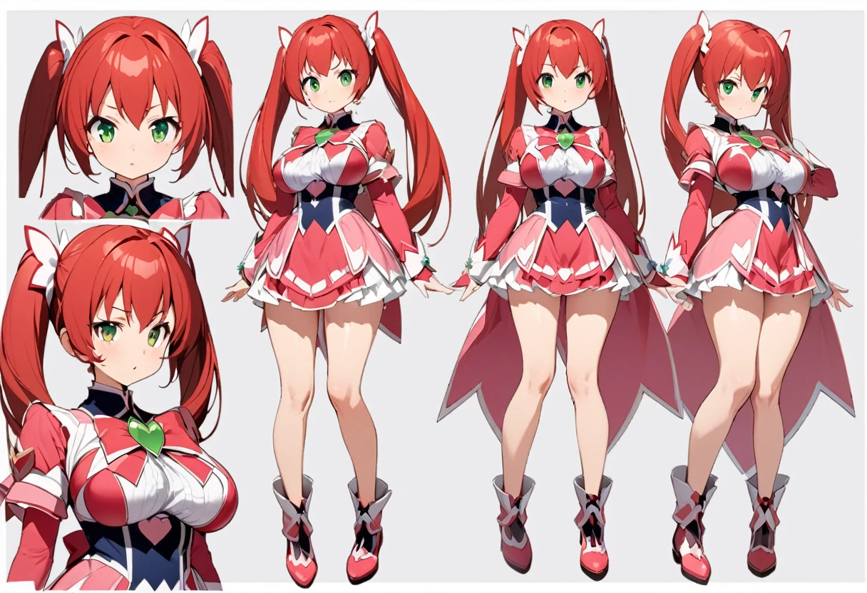 Best image quality, Excellent details, Ultra-high resolution, Best illustrations, Favorite Details, Very condensed one girl, Delicate and beautiful features,
(1girl, breen eyes, very long red hair, twintails, magical girl, clothed, tiny height, 13years, large breasts,disproportionate breasts), full body, three views from front, back and side, to many pose