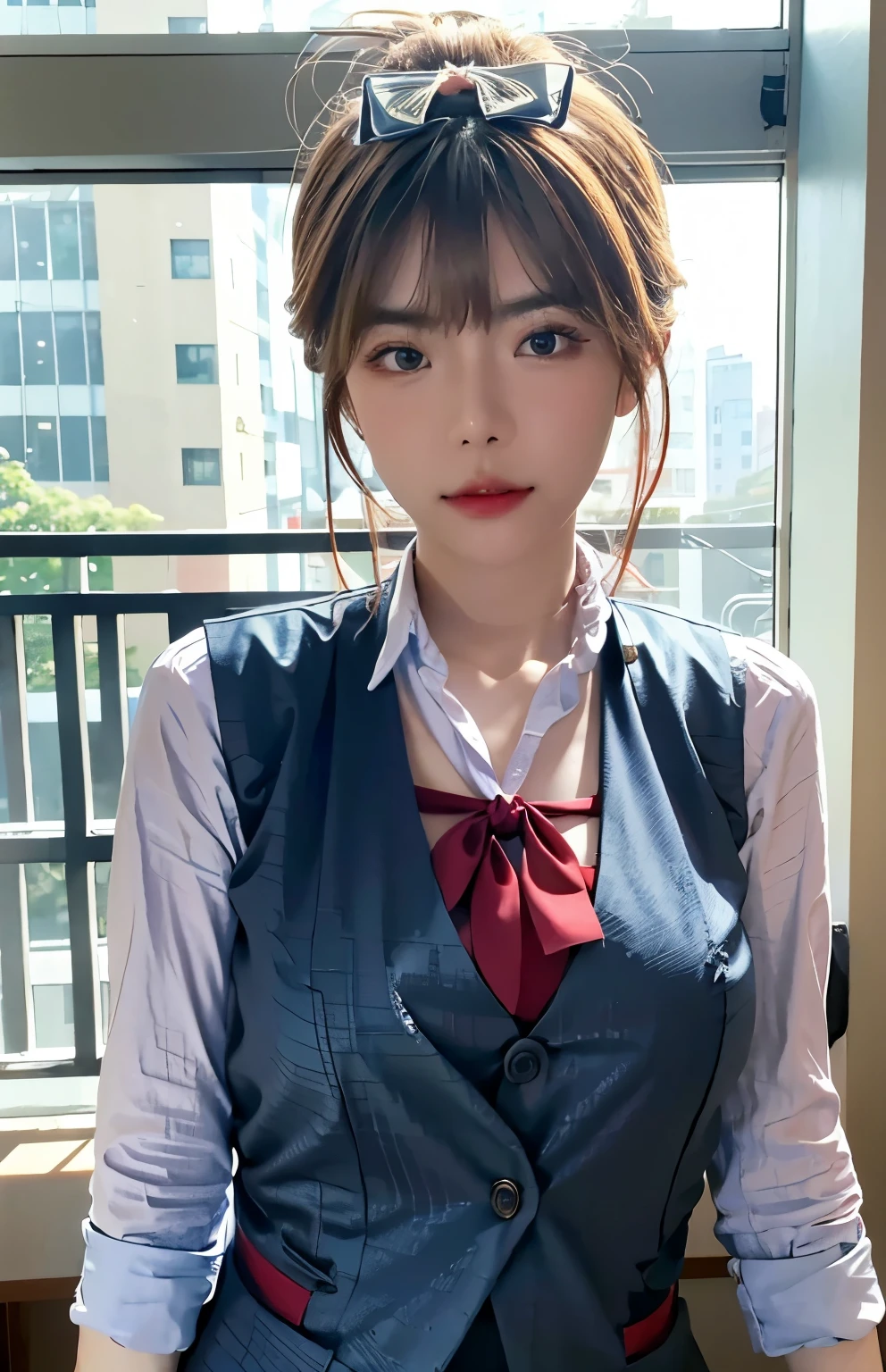 1 chinese korea girl, matured female, vest, bow, photo, realistic, best quality, hires, detailed face, office, buildings from window, detailed background, diffused sunlight, depth of field, bokeh