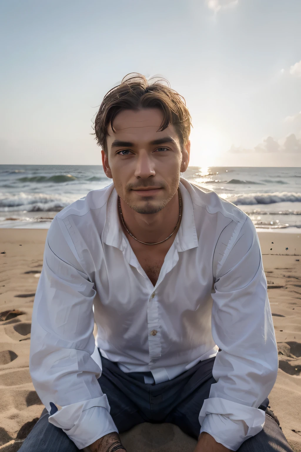A charismatic narrator sits relaxed on a lonely beach, sein Blick fest auf die Kamera gerichtet. Das Sonnenlicht spiegelt sich auf seiner wettergegerbten Haut, while he looks directly into the camera with a slight smile on his lips and tells his story in a calm voice. Seine lockigen Haare wehen sanft im Meereswind, und sein Gesicht strahlt eine Mischung aus Ruhe, Weisheit und Abenteuerlust aus. His clothes are casual and bleached by the sun, matching the relaxed atmosphere of the beach. Mit einem Hauch von Geheimnis und einer Prise salziger Luft umgibt ihn eine Aura der Faszination, die die Zuschauer sofort in ihren Bann zieht