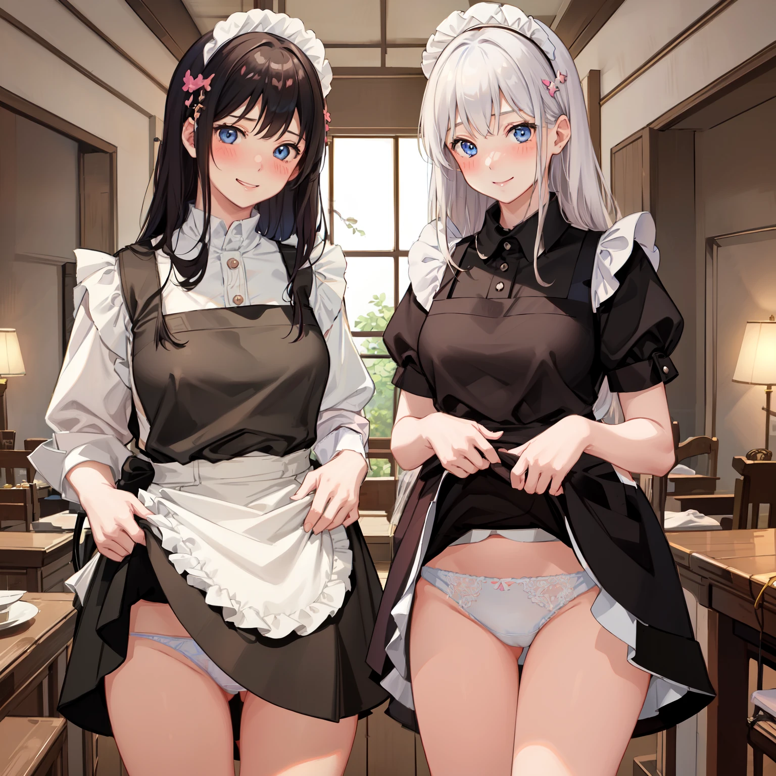 highest quality、masterpiece、((2 girls))、((smile:1.3))、(blush:1.3)、Black Shirt、blouse、((fun!!))、(Small breasts)、()、Blonde、()、((White apron:1.5))、((Maid))、((hair ornaments)),、Kamimei、look at me、 ((in house:1.5))、 Taking a break from watching the audience、Cowboy Shot、(Skirt lift:1.3),(Highly detailed white panties:1.3)、(Highly detailed panties:1.3)、、(スカート that rolls up:1.3)、(Panties fully exposed:1.5)、Light blue eyes、long hair、