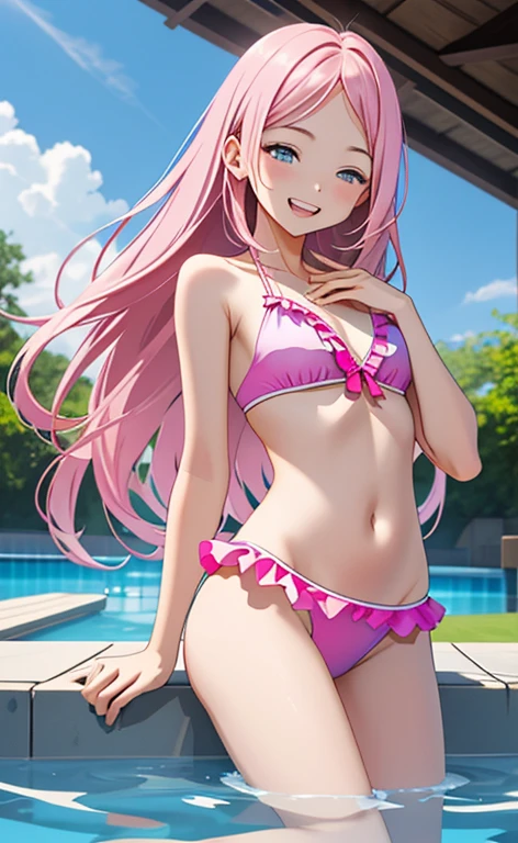 (masterpiece:1.4、top-quality、illustration:1.4,realistic、)、(character focus、breast focus,upper body:1.3)、(1girl),(Open mouth happy grin:1.3),(half closed eyes),cute face,blue eyes、()、
,(stand:1.4),(Shining smile),
,(slender),(pink frilled bikini,paleo:1.3),(pink long hair:1.6,forehead:1.3), (small breasts:1.3)、
、slender、pool,、