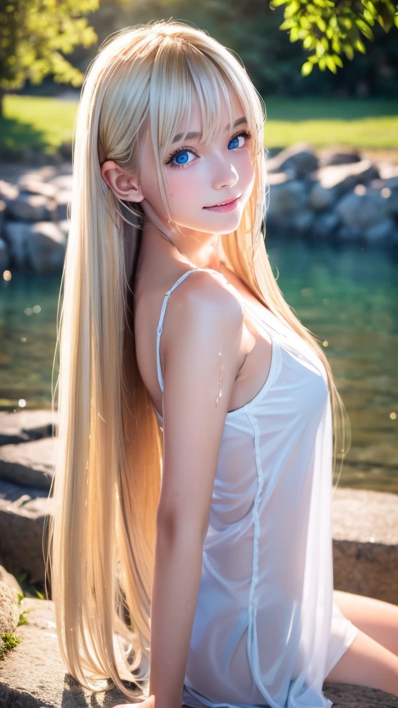 (8K), (best quality), (muste piece:1.2), (Reality), (It&#39;s photorealistic:1.37), Super detailed, 1 girl, cute type,((Just got out of the lake)),A gentle expression with a smile、Beautiful detailed light blue eyes, beautiful detailed nose, whole body, wet hair, middle breast, ((dramatic writing)),see through,((wet with water)),((see through)),(((seductive pose))),(((Stroking your hair with one hand)))、、bright look、ponytail、Young, shiny, white, glossy skin、best beauty、blonde reflection、Platinum blonde hair with dazzling highlights、shiny bright hair,、super long silky straight hair、Shining beautiful bangs、Large, bright, clear and attractive light blue eyes、Very beautiful, lovely, cute 16 year old girl、rich bust,beautiful white blouse、((Enjoy with your whole body 1.5))++、