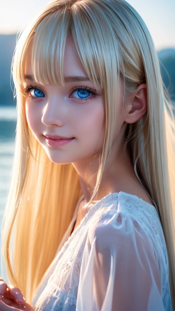 (8K), (best quality), (muste piece:1.2), (Reality), (It's photorealistic:1.37), Super detailed, 1 girl, cute type,((Just got out of the lake)),A gentle expression with a smile、Beautiful detailed light blue eyes, beautiful detailed nose, whole body, wet hair, middle breast, ((dramatic writing)),see through,((wet with water)),((see through)),(((seductive pose))),(((Stroking your hair with one hand)))、、bright look、ponytail、Young, shiny, white, glossy skin、best beauty、blonde reflection、Platinum blonde hair with dazzling highlights、shiny bright hair,、super long silky straight hair、Shining beautiful bangs、Large, bright, clear and attractive light blue eyes、Very beautiful, lovely, cute 16 year old girl、rich bust,beautiful white blouse、((Enjoy with your whole body 1.5))++、