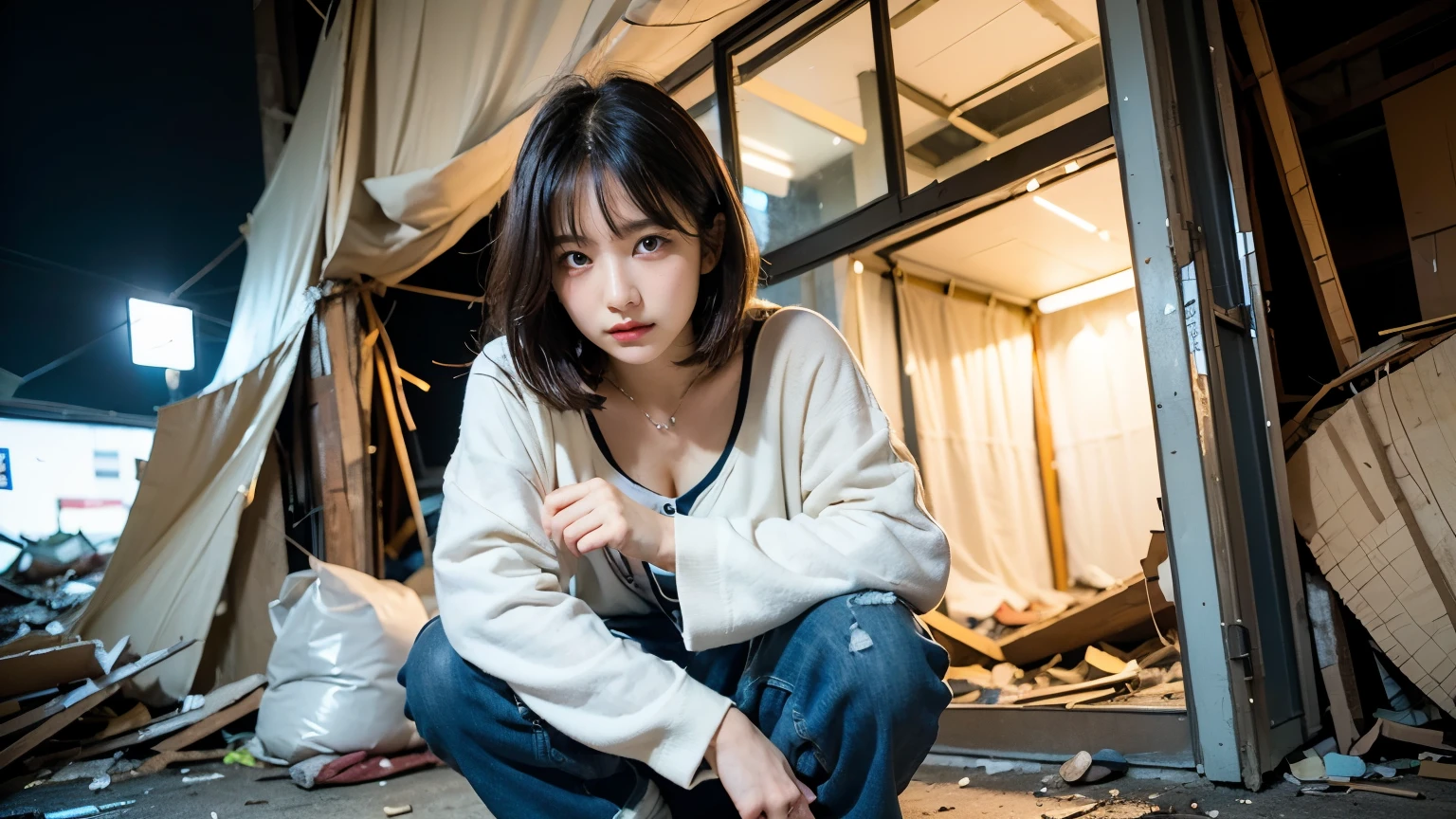 18-year-old,Homeless,Korean women,Pitch black,Tattered,(((Slums))),Crouching,((( in a destroyed city))),(((Frowning,カメラをGlaring))),((((Rubble pile))),After the disaster,Very fine eye, junk,((Inside the barrack tent)),((refuge)),(((Tatteredのパーカーを着ている,Wearing baggy pants))),(((Collapsing Building))),(((Tragic))),((photograph)),(((Fabric Shading))), (((highest quality))), (((masterpiece))) strong girl, ((((Realistic)))),,Black Hair, chic hairstyle, ((With bangs,Straight medium bob cut, nice hair)), Light makeup,Red eyes, (((I'm not wearing lipstick))), (nice, strong), (((Strong night atmosphere))), Centered Images, Looking at the camera, Elegant colors,Realistic Skin,Realistic texture,8k,whole body,Pale skin,Red iris,Expressionless,Glaring,Perfect Face,(((Big eyes)))