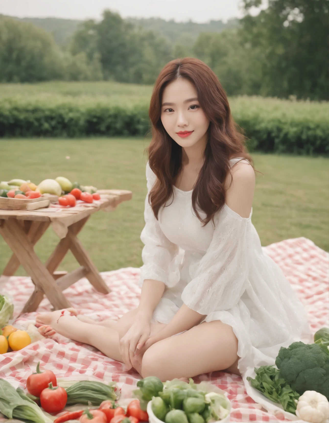 Korean girls with sexy dress smiling while sitting on picnic blanket with vegetables, picnic table, surreal fashion photography style, white and gold, animated GIF, photo taken with ektachrome, sportrait, self-portrait, kawaii fashion (medium long shot)