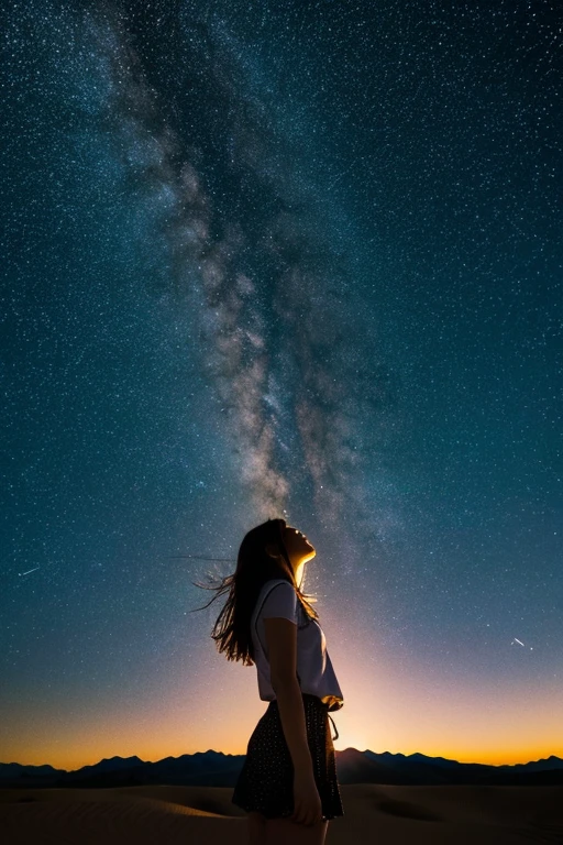 starry skies、Girl Standing In The Desert、Looking up at the sky、shooting star