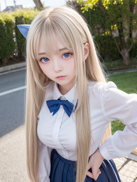 bright expression、photorealisim、top-quality、超A high resolution、a picture、Exquisitely beautiful Nordic girl photo、Detailed cute and beautiful face、(pureerosface_v1:0.008)、Beautiful bangs、alice in the wonderland、18year old、Glowing white shiny skin、facial hairs、Bangs that extend to the face、bangss、Hair between the eyes、Super long hair、Attractive bright natural blonde super long straight silky hair、finer hair、Attractive glowing beautiful bright clear light blue big eyes、School Uniforms、student clothes、eye liner、Double eyelids、ample breasts、Cat ear
