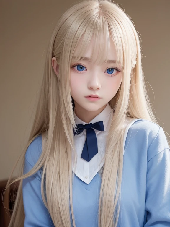 bright expression、photorealisim、top-quality、超A high resolution、a picture、Exquisitely beautiful Nordic girl photo、Detailed cute and beautiful face、(pureerosface_v1:0.008)、Beautiful bangs、alice in the wonderland、18year old、Glowing white shiny skin、facial hairs、Bangs that extend to the face、bangss、Hair between the eyes、Super long hair、Attractive bright natural blonde super long straight silky hair、finer hair、Attractive glowing beautiful bright clear light blue big eyes、School Uniforms、student clothes、eye liner、Double eyelids、ample breasts、Cat ear