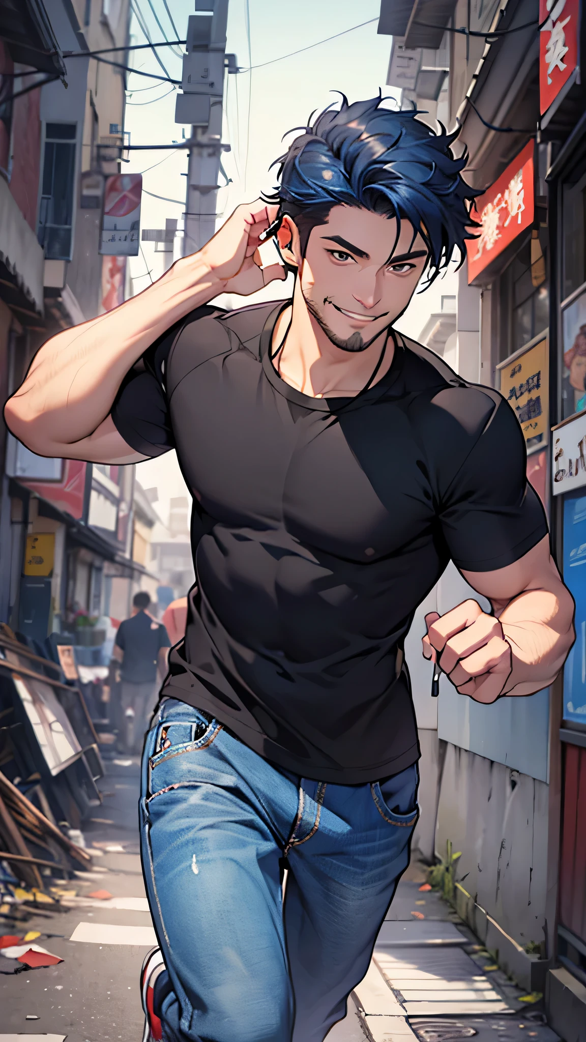 最high quality、Best image quality、masterpiece、male((20-year-old、Stubble,Black shirt、Blue denim trouseressy Hair、Muscle chamber、smile、earphone jack、running)),high quality、Beautiful art、background((Running course))、Flight、Flying debris、Written boundary depth、movie、Visual Arts、Perfect art、8K,Genuine、