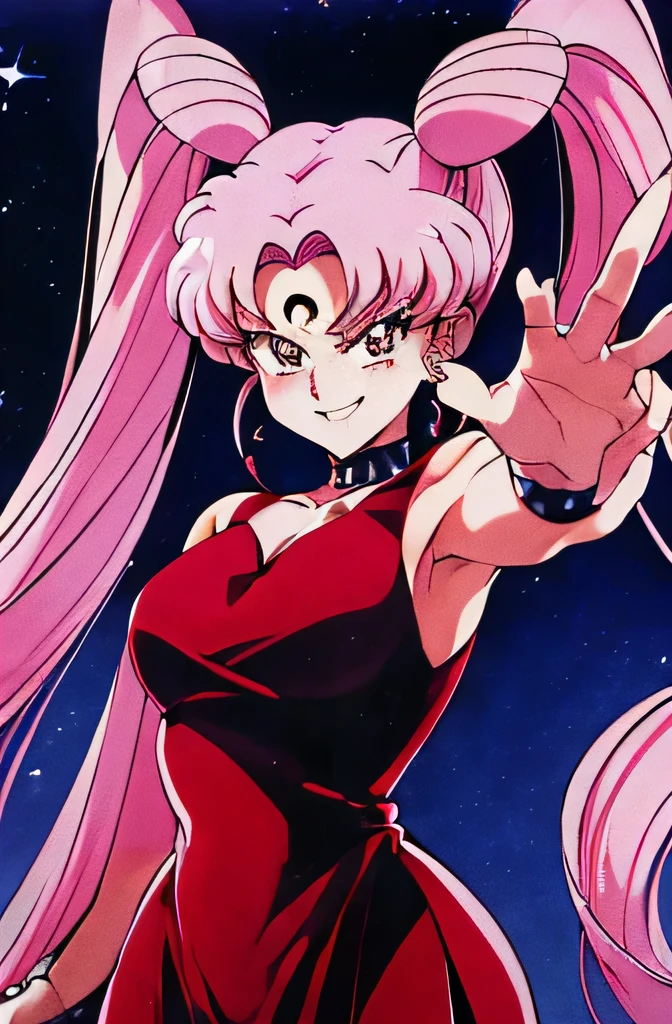 ((masterpiece,best quality)), absurdres,
Black_Lady_Sailor_Moon,
solo, smiling, looking at viewer, cowboy shot, 
cinematic composition, dynamic pose,evil smile,evil smirk,(masterpiece:1.0),(Highest_quality:1.0), 超High resolution,4k,Super detailed, photo shoot, 8K, HDR, High resolution,EPTakeuchiNaokoStyle, 1990s \(style\), anime screencap, retro artstyle, anime coloring, traditional media,face focus,dark aura,