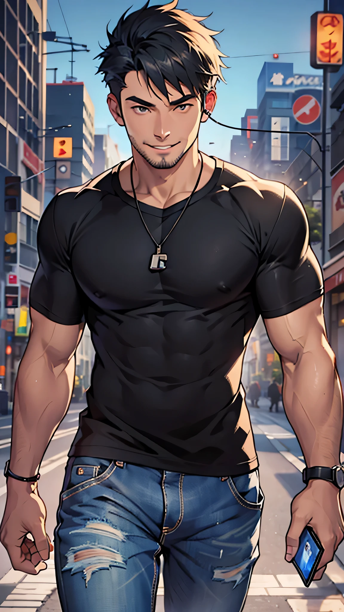 Best quality, masterpiece, ultra high res, detailed background, realistic, 1man, solo, male, muscular, mature male, short hair, topknot, facial hair, standing, open arms, open legs, open pants, colte jins, open mouth, huge smile, expression of fascination, surprised, square, real shadow and light, depth of field, chest, torn underwear, looking at the viewer, sunglasses falling, strong wind in the face