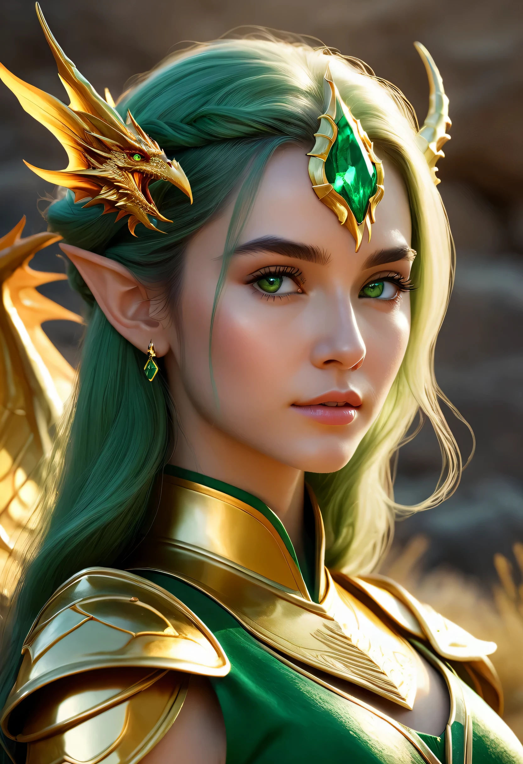 A beautiful elf with an emerald dragon, ((Girl in golden armor)), perfect facial features, Delicate face, Long hair, beautiful, wisdom, mod, scale, trumpet, flame, wing, Dragon Claw, Dragon Protect Girl, Ancient desert background, mystery, Protect, Realistic quality, realism, 8k, best quality, masterpiece, Cinema quality, High contrast between light and dark, Octane Rendering, Movie Stills, Movie Stills