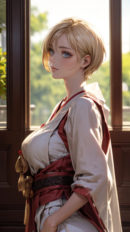 (masterpiece:1.2, highest quality), (realistic, photorealistic:1.4), beautiful illustrations, (natural side lighting, movie lighting), looking at the viewer, Upper body, (front view), 1 girl, perfect face, Cute symmetrical face, shiny skin, baby face, long eyelash, (large breasts), (wide hips),beautiful hair, beautiful face, detailed and beautiful eyes, beautiful body, beautiful breasts, beautiful thighs, beautiful feet, beautiful fingers,(beautiful scenery),(cute smile:1.2, upper eye),Beautiful girl,perfect body line,(short hair:1.2),(buzz cut),(blonde hair:1.5),(Suntanned skin:1.25),(plump:0.7),(hime cut:1.2),Fantastical Atmosphere, Calming Palette, Tranquil Mood, Soft Shading, Miko priestess, charm spell, talisman familiar, shrine maiden duties,
