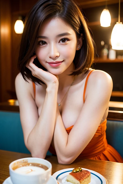 ((highest quality)), ((masterpiece)), (Familiar), Perfect Face, masterpiece、highest quality、High resolution、wallpaper、Realistic、Bright lighting、Professional Lighting、Face Light、Smooth lighting、Japanese women、20th Gen Midplate、so beautiful、Beautiful Skin、Beautiful and detailed、Familiar顔、slim、moderately、short hair、Brunette colored hair、Brown eyes、Looking at the camera、Cafe sofa、 commercial photography, Beautiful Instagram Influencer Girls, The best smile,Daytime、