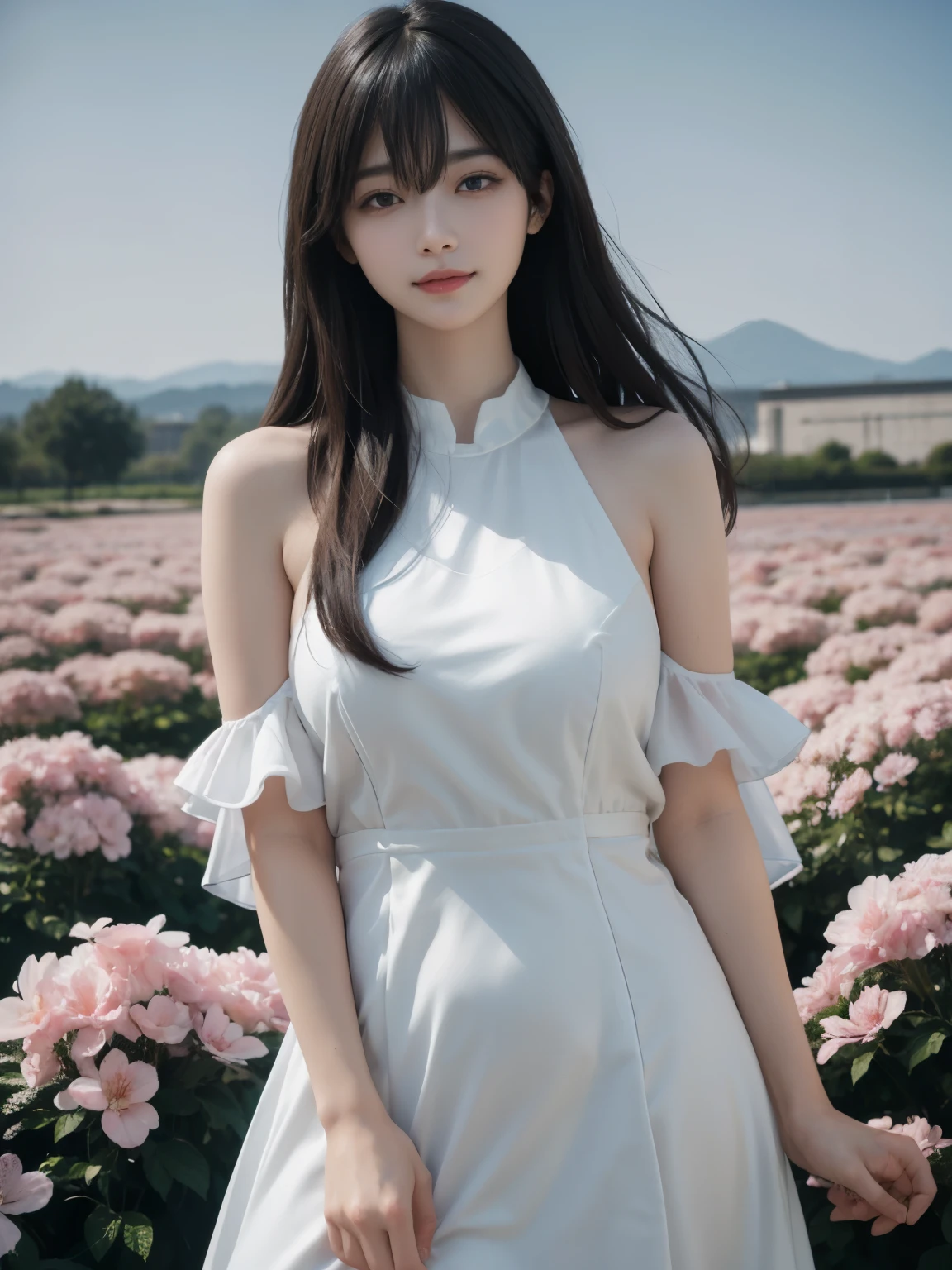 (ultra realistic) , (illustration), (increase resolution), (8K), (extremely detailed), (best illustration), (beautiful detailed eyes), (best quality), (ultra-detailed), (masterpiece), (wallpaper), (detailed face), solo,1 girl, looking at viewers, black straight hair, delicate details, in the dark, deep shadow, low key, pureerosfaceace_v1, happy smile, summer dress, full body, flower garden