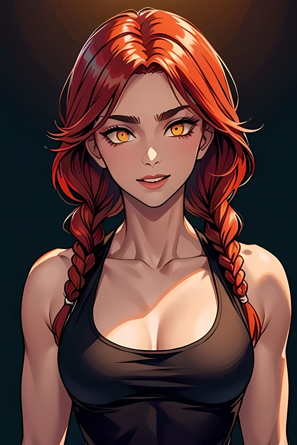 ((1 woman)), beautiful, linear,((masterpiece)), ((best quality)),((Fond d&#39;8k screen)),((very detailed)),,Realistic,studio lighting, Realistic,studio lighting, ultra bright white lighting,((front lighting)),red Hair, medium length hair, ((twin braids)) hanging down in front of chest, yellow eyes, ((dark skin)) ,high resolution,Photography professionnal, Ultra high detail,32K, dramatic lighting , athletic body, strong shoulders , small breasts, tank top
