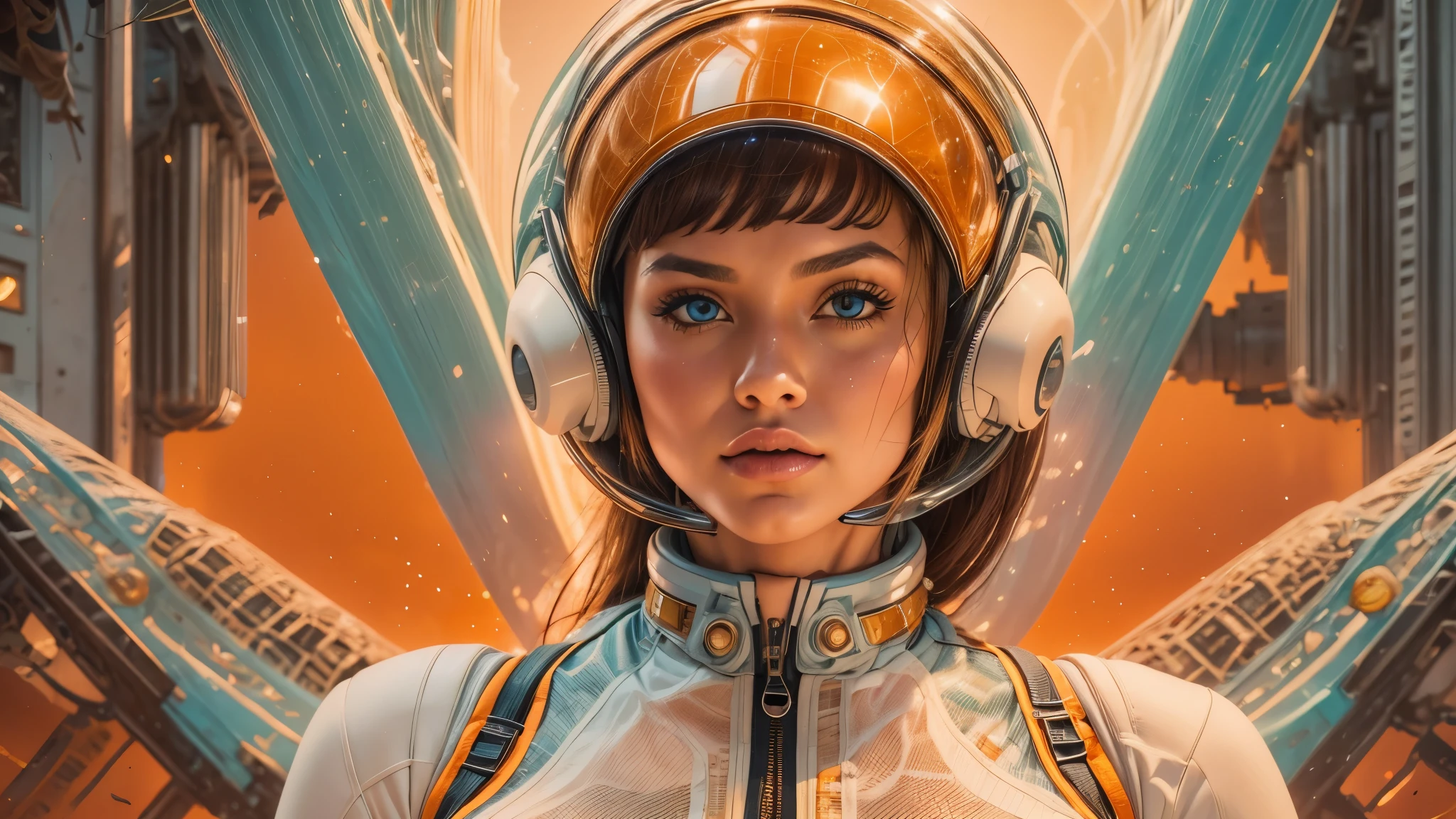 arafed image of a white woman in a futuristic suit with a spaceship in the background, movie art, in front of an orange background, inspired by Robert McGinnis, female protagonist, megastructure in the background, portrait of an ai astronaut, astronauts, an astronaut, portrait of a astronaut skeletor, perfect android girl, detailed eyes, perfectly detailed teeth, frank franzzeta and sakimichan  