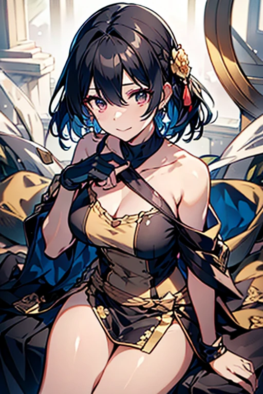 yor briar, anime style beutiful woman, 1girl,fullbody, happy, smile, red face, closed mouth, beautiful detailed eyes, super detailed skin, backlighting, bare shoulders, black background, black dress, black gloves, black hair, breasts, dress, earrings, fingerless gloves, floating hair, floral print, flower, gloves, gold earrings, gold hairband, hair flower, hair ornament, hairband, holding, holding weapon, jewelry, large breasts, long hair, looking at viewer, off-shoulder dress, off shoulder,red eyes, short hair with long locks, sidelocks, solo, spikes, thighs, two-sided dress, two-sided fabric, weapon, fighting stance , face, close up, from above, highest quality, high resolution.