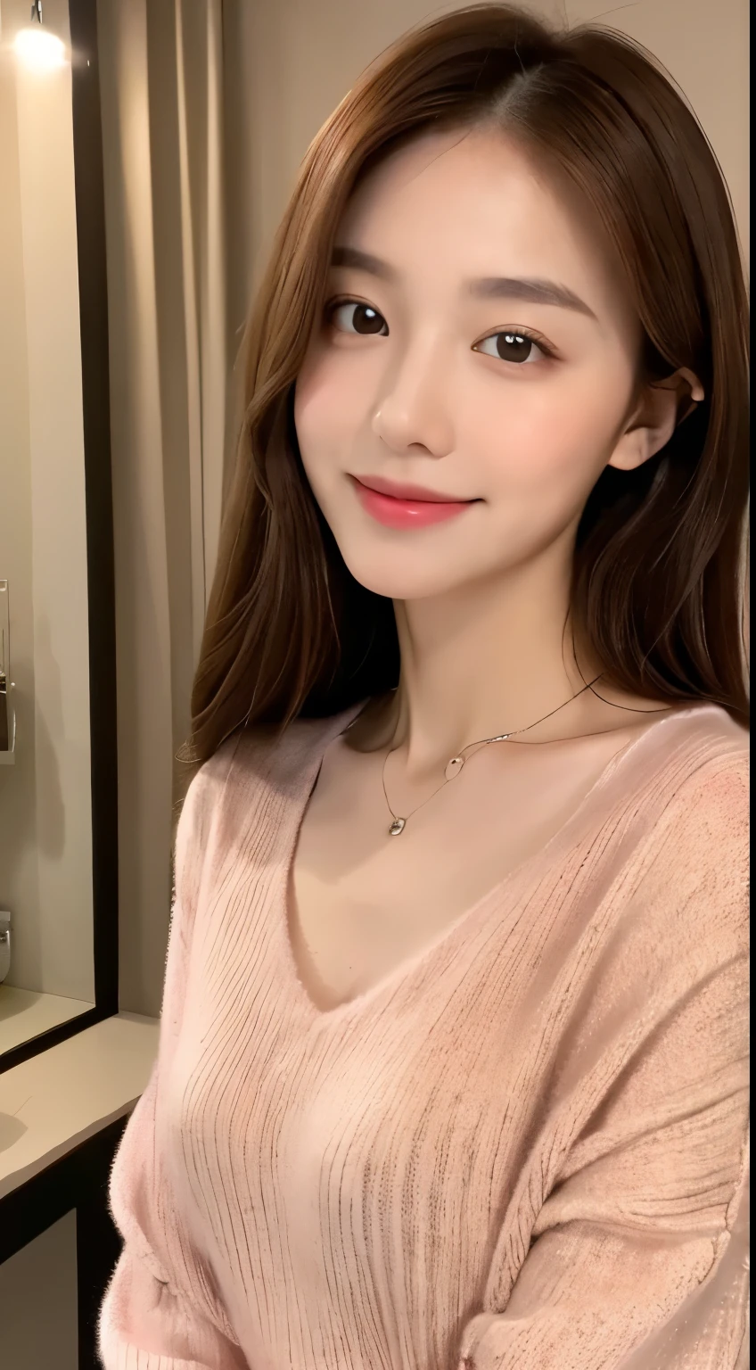 ((nighttime, realistic light, best quality, 8k, Masterpiece: 1.3)), 1 girl, Slim Beauty: 1.4, abdomen: 1.1, (brown hair, Medium bust: 1.3), pink long sweater: 1.1, bathroom, Very smooth face, delicate eyes, Double eyelids, smile, necklace