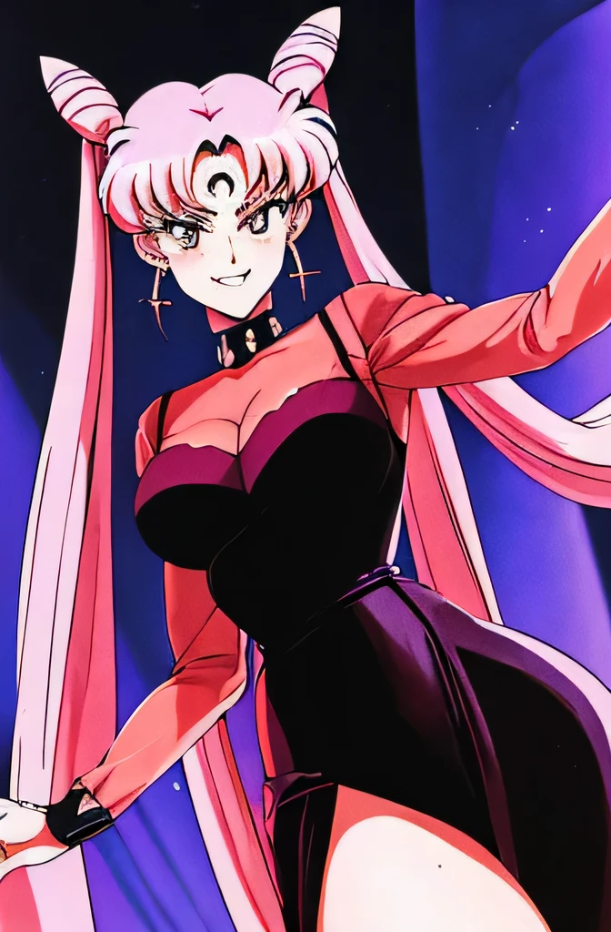 ((masterpiece,best quality)), absurdres,
Black_Lady_Sailor_Moon,
solo, smiling, looking at viewer, cowboy shot, 
cinematic composition, dynamic pose,evil smile,evil smirk,(masterpiece:1.0),(Highest_quality:1.0), 超High resolution,4k,Super detailed, photo shoot, 8K, HDR, High resolution,EPTakeuchiNaokoStyle, 1990s \(style\), anime screencap, retro artstyle, anime coloring, traditional media,face focus,dark aura,latex,offical art,