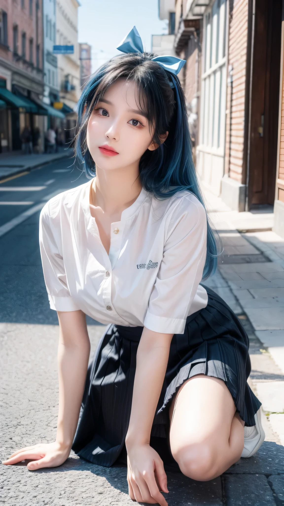 (detailed beautiful eyes and detailed face, masterpiece side light, masterpiece, best quality, detailed, high resolution illustration), (1 girl, beautiful girl, shiny skin), (sky blue hair, pink colored eyes, skirt, ribbon, button- shirt)(kneeling on the ground)