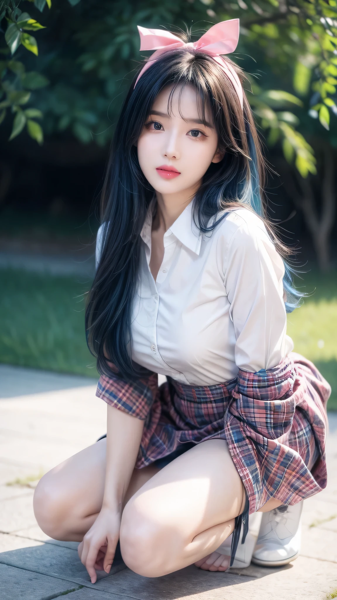(masterpiece), (best quality), highres, (realistic, photo-realistic:1.4), ultra detailed, physically-based rendering, detailed beautiful eyes and detailed face, 1girl, upper body, long wavy hair, white shirt, black jacket, scrunchie on the arm, tennis skirt, stipe knee-high socks, black sneakers, in park