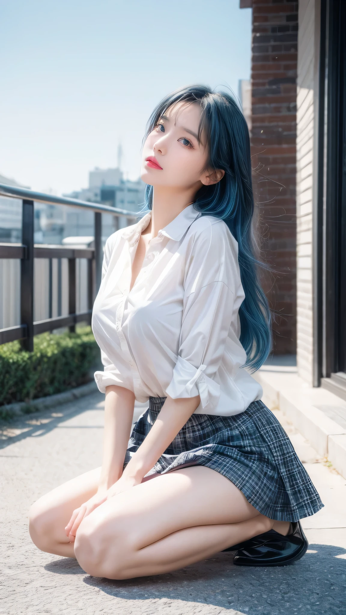 (detailed beautiful eyes and detailed face, masterpiece side light, masterpiece, best quality, detailed, high resolution illustration), (1 girl, beautiful girl, shiny skin), (sky blue hair, pink colored eyes, skirt, ribbon, button- shirt)(kneeling on the ground)