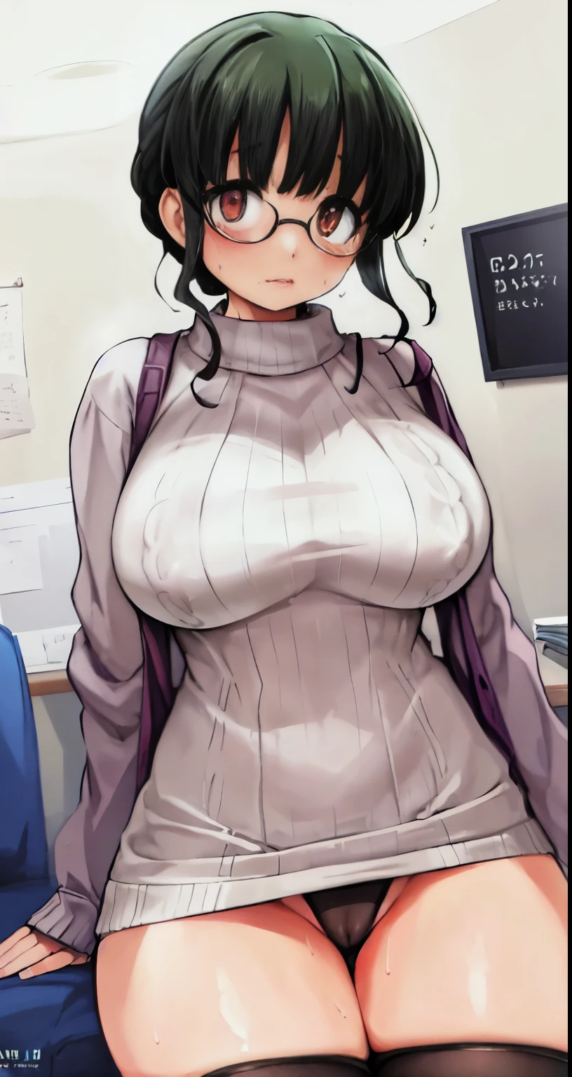 nsfw,(Perfect body),highest quality,(8K Portrait),(Official Art)、Browsing Caution、(((Big Breasts)))、obesity、((short hair))、blush,((isark hair)),(Sweat),((((Take off your sweater))))、Black knee socks、One Girl,((:is))、hot、Office Room、Glasses、Erect nipples、showing off panties、Overflowing Sex Fluids、Sexy lingerie made of thin fabric、(Crouch:1.5)