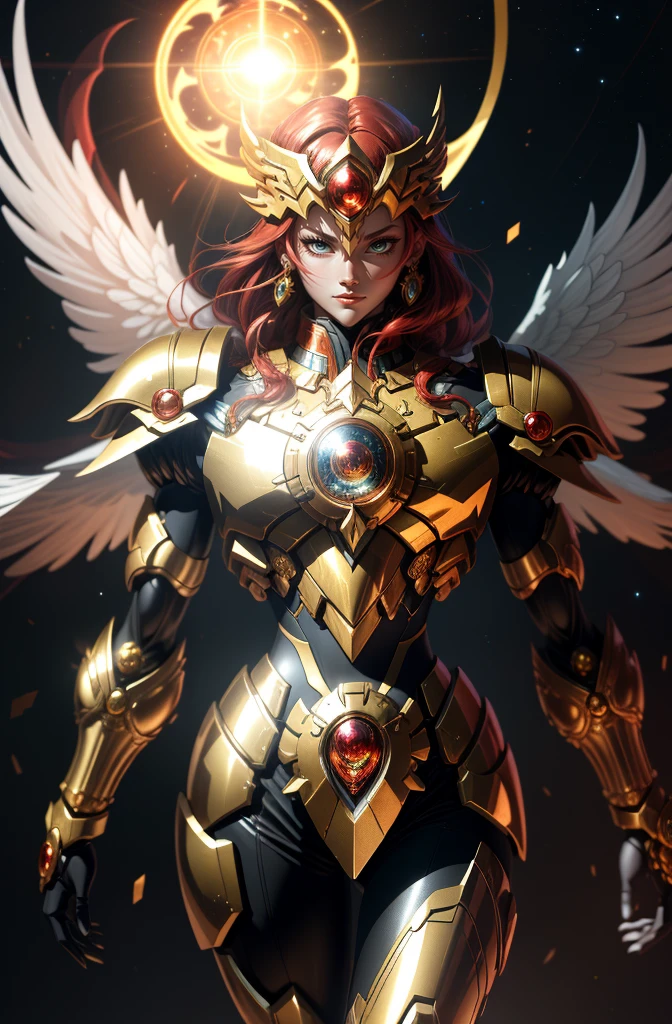 (Extremely detailed CG real 8k shooting unit, masterpiece, Better Quality, Ultra-detailed), Best lighting, Very delicate and beautiful, soulful, Colorful shoulder armor, Shine, One-sided, Swirling Golden Sacred Object of Athena, Calm expression, Long, shiny red hair in the moonlight, ornate helmet, Fire Cosmos, mythological spirits, The eternal struggle, Os Cavaleiros do Zodíaco Saint Seiya.