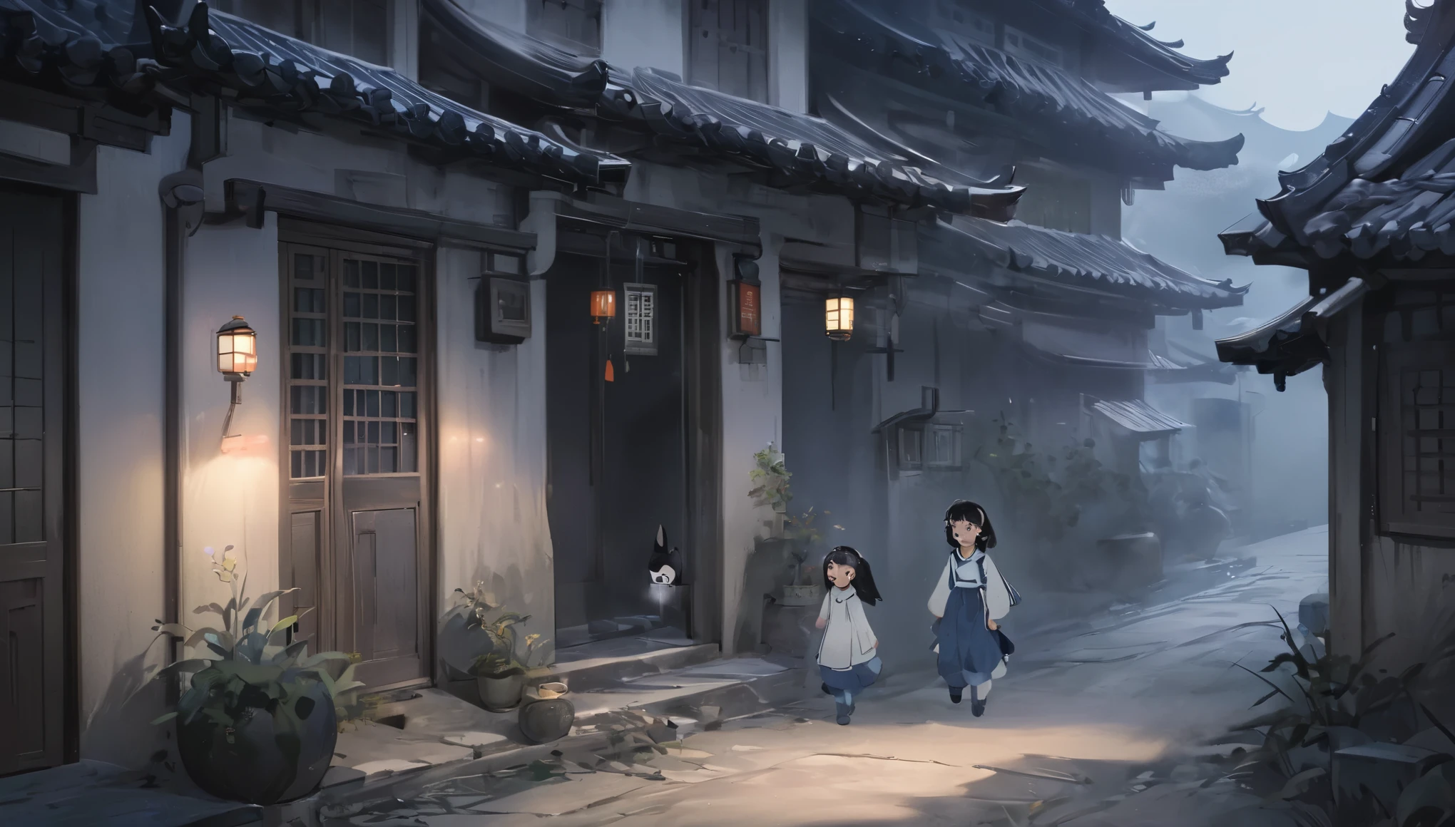 The background is a quiet little village，It&#39;s getting dark。Shooting angle is long-range，You can see the houses of the small village and a dim street lamp.。On the left side of the screen，Xiao Ai walked into the door of the ghost house with a flashlight，Expression full of courage and curiosity。