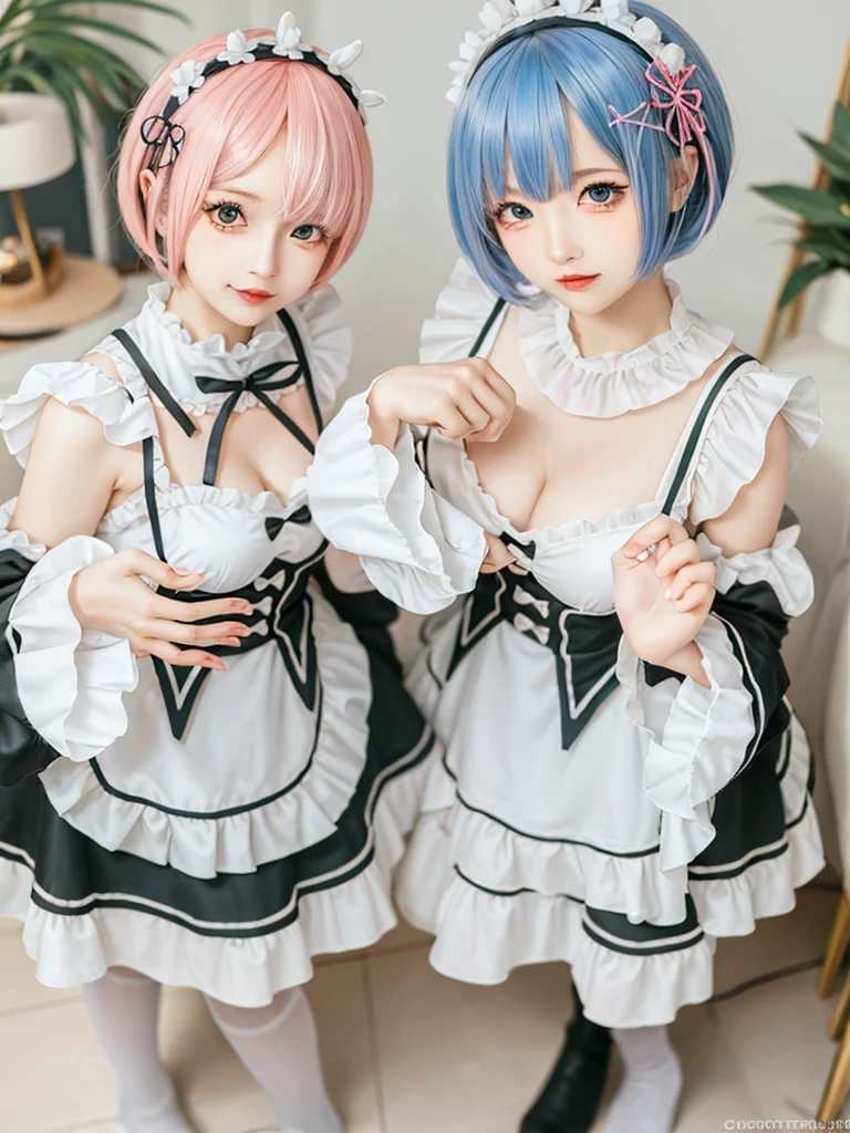 (8K, Photorealistic, Raw photo, of the highest quality: 1.3), (1girl in), Super beautiful, (Realistic face), (boyish, pink Color Berry Shorthair), Beautiful , Glare that captivates the viewer, Beautiful expression, Beautiful breasts, (Realistic skin), Be...Create a detailed and colorful image of Ram and Rem from Re:Zero, standing back-to-back in their maid outfits, with a magical fantasy background、14years old, two girls,cute, perfect face, beautiful, nice body, gothic ta clothes, gothic loliashion, frilly skirt, headdress, necklace, bracelet, knee-high socks, boots, double eyelids, tear bags, Detailed down to the fingers, photo-like description, indoors, dim indoor lighting, one girl is pink hair and short bob, another girl is light blue hair and short bob,standing, sexy posing,whole body, composition that shows the whole body, smiling,The Both of them are wearing the same type of maid outfit,Optimal ratio of 4 fingers and 1 thumb