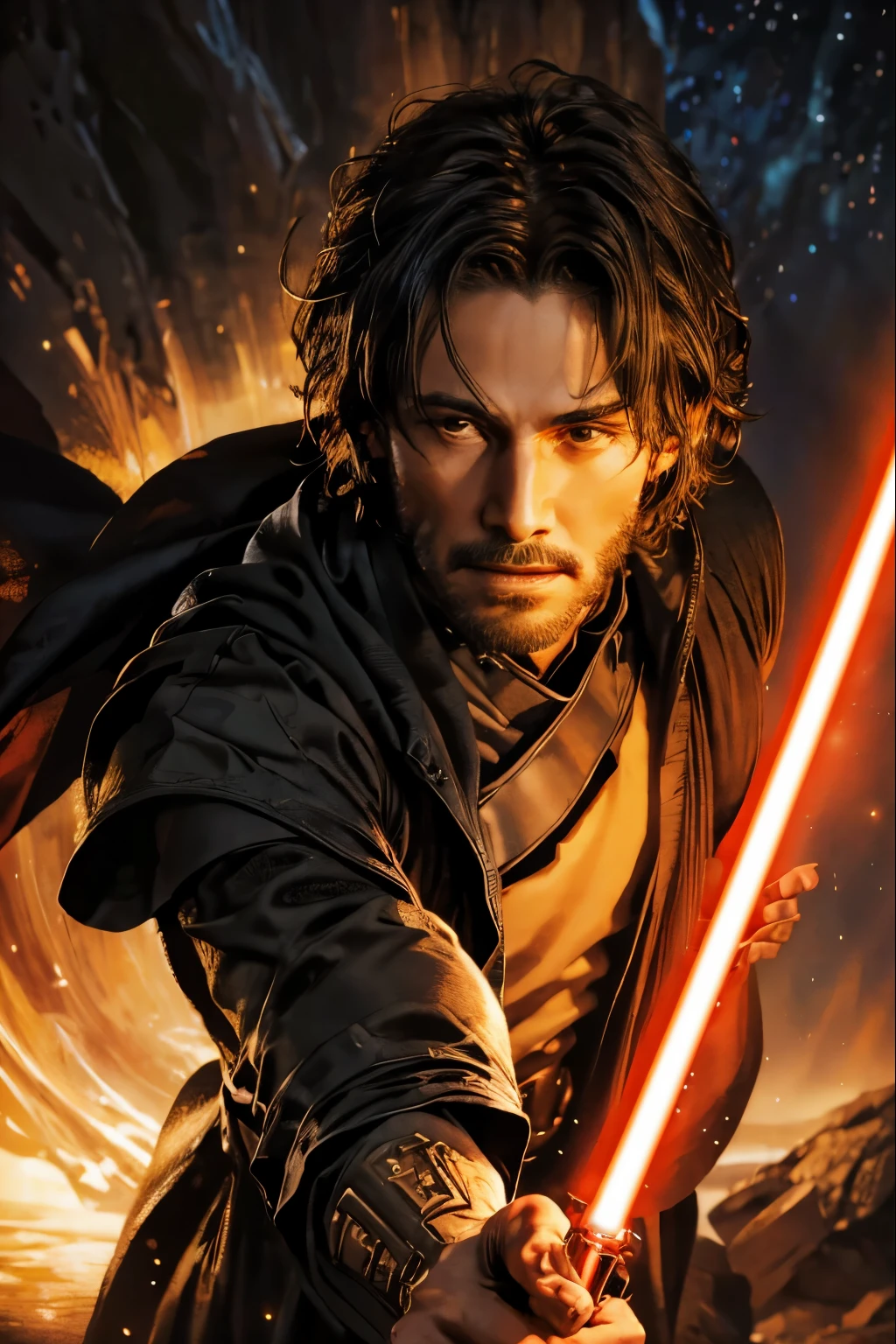 "(best quality,highres),sexy male jedi knight,beautiful detailed eyes,long eyelashes light tan robe, holding a red lightsaber, portraits,star wars background,vivid colors,studio lighting"