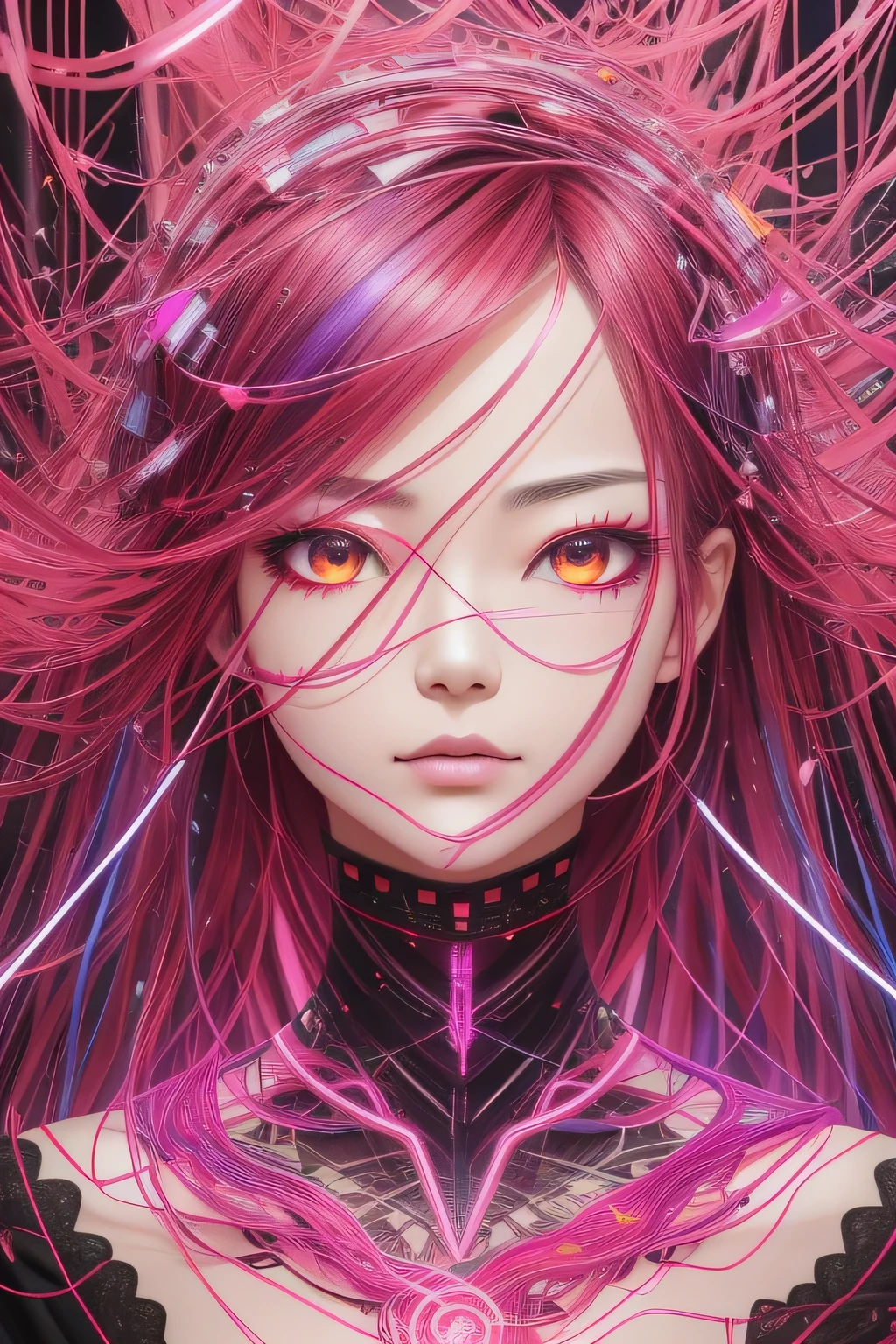 Chiharu Shiota、lightning speed、Neon Art、cyber girl,Elaborate metallic bones、Tatsuo Miyajima、Painting, watercolor paiting,5 colors、（reddish、Viola、pink there、amarelo、verdant）、spirals,foam, Best Quality, masutepiece, 超A high resolution, Intricate details, mystical
