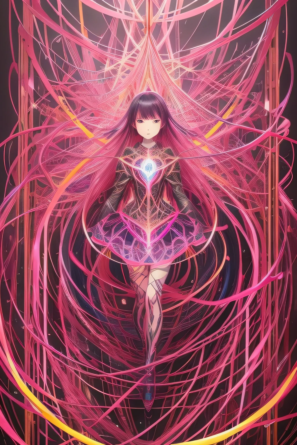 Chiharu Shiota、lightning speed、Neon Art、cyber girl,Elaborate metallic bones、Tatsuo Miyajima、Painting, watercolor paiting,5 colors、(reddish、Viola、pink there、amarelo、verdant)、spirals,foam, Best Quality, masutepiece, 超A high resolution, Intricate details, mystical