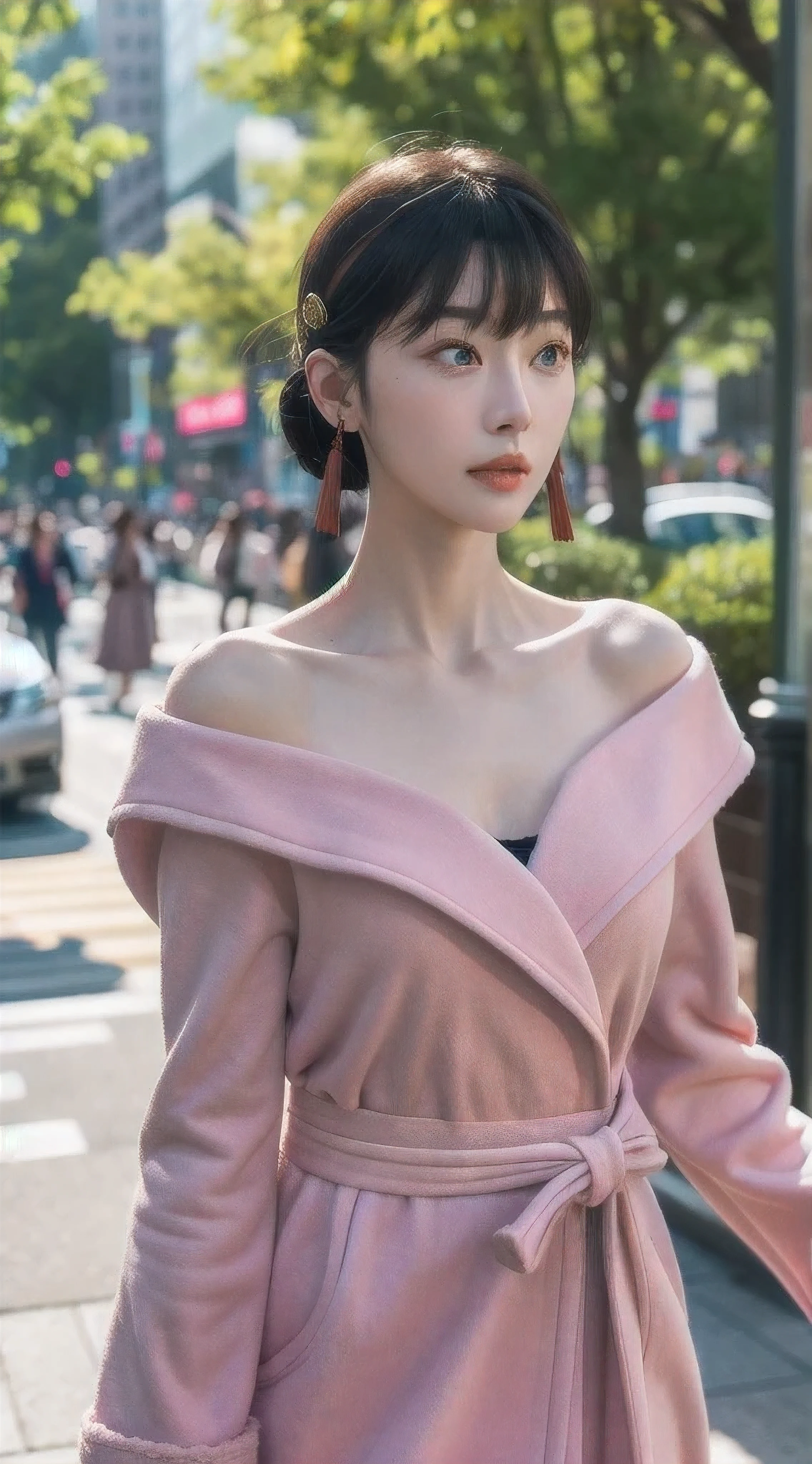 yor, Mature female, bangs, side locks, Red eyes, pink hair, hair adornments,sportrait, (face:1.2), schoolgirls,bare shoulders, walking at time square buzz, (Robe:1.21), clavicle, Willow Branch, (masterpiece best quality :1.2),