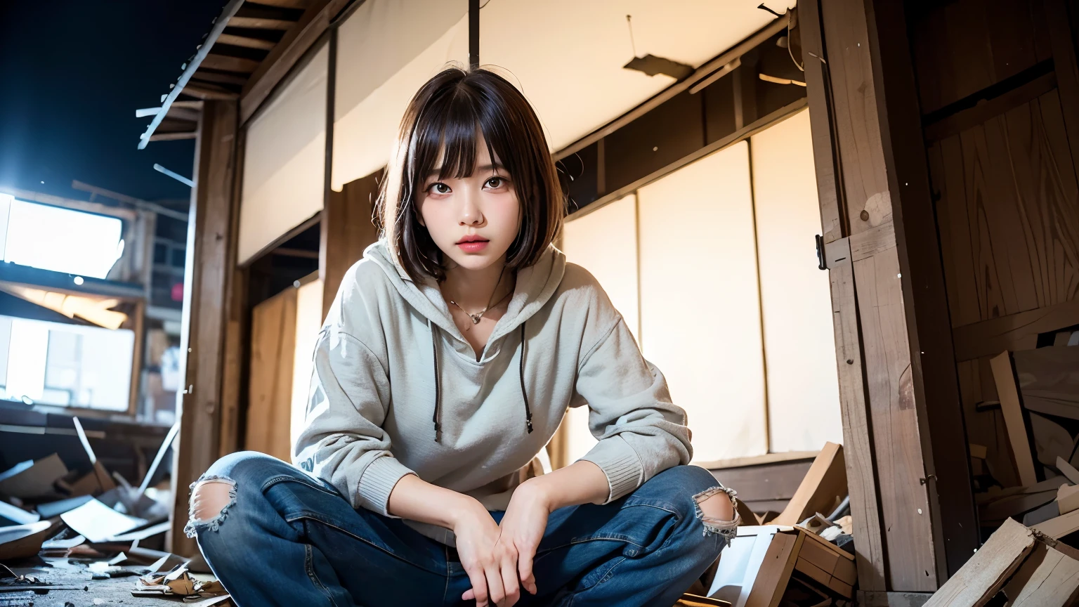 18-year-old,Homeless,Korean women,Pitch black,Tattered clothes,(((Slums))),Crouching,((( in a destroyed city,Oil,Mud stains))),(((Frowning,カメラをGlaring))),((((Rubble pile))),After the disaster,Very fine eye, junk,((Inside the barrack tent)),((refuge)),(((He's wearing a tattered and dirty black hoodie.,Wearing baggy pants))),(((Collapsing Building))),(((Tragic))),((photograph)),(((Fabric Shading))), (((highest quality))), (((masterpiece))) strong girl, ((((Realistic)))),,Black Hair, chic hairstyle, ((With bangs,Straight medium bob cut, nice hair)), Light makeup,Red eyes, (((I'm not wearing lipstick))), (nice, strong), (((Strong night atmosphere))), Centered Images, Looking at the camera, Elegant colors,Realistic Skin,Realistic texture,8k,whole body,Pale skin,Red iris,Expressionless,Glaring,Perfect Face,(((Big eyes)))