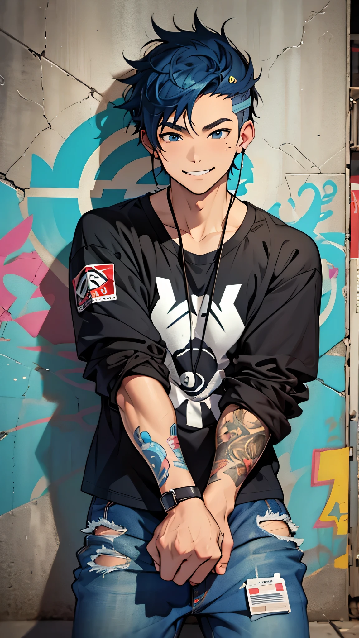 最high quality、Best image quality、masterpiece、male((20-year-old、Otaku style,Black shirt、Blue denim trouseressy Hair、Muscle chamber、smile、earphone jack、Spray can)),high quality、Beautiful art、background((wall、graffiti))、Flight、Flying debris、Written boundary depth、movie、Visual Arts、Perfect art、8K,Genuine、