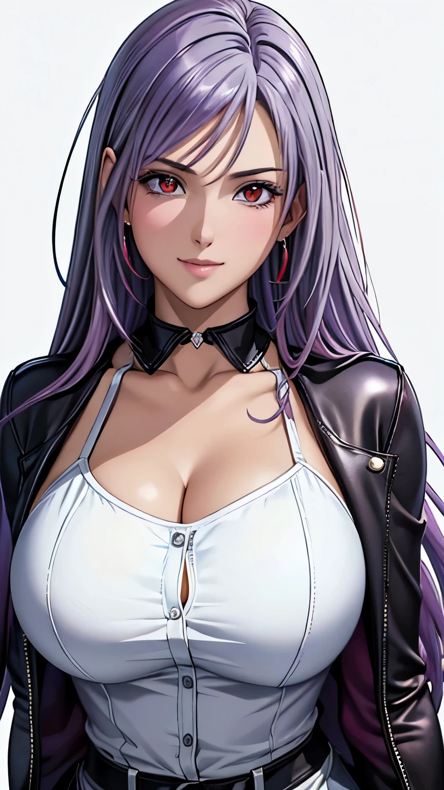 red eyes, (highest quality, masterpiece painting:1.3), immature woman, , (half body shot), masterpiece, ultra high resolution, (Photoreal:1.0), ((light purple hair)),straight hair, beautiful shining hair, white and shining skin, ((Ultra realistic details)), octane rendering, highly detailed face, (big breasts:0.8), pump, Single strap shirt, black leather jacket, black leather skirt, open neckline, cleavage, perfect body, soft skin, silver earrings, (pure white background:1.4), sharp focus, intricate details, professional artwork, (bright colors:1.1), bright colors, diffused lighting, digital blending, ultra-definition body, ultra detail hair, super detailed face, that&#39;It&#39;s trending on pixiv, top button open, Cute gaze, compensate, perfect lips, perfect compensate, Ultra-precision coating, (light_smile:0.8), (smugness:1.2),blush your nose,