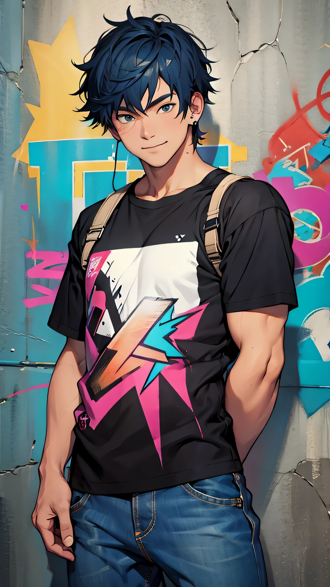 最high quality、Best image quality、masterpiece、male((20-year-old、Otaku style,Black shirt、Blue denim trouseressy Hair、Muscle chamber、smile、earphone jack、Spray can)),high quality、Beautiful art、background((wall、graffiti))、Flight、Flying debris、Written boundary depth、movie、Visual Arts、Perfect art、8K,Genuine、