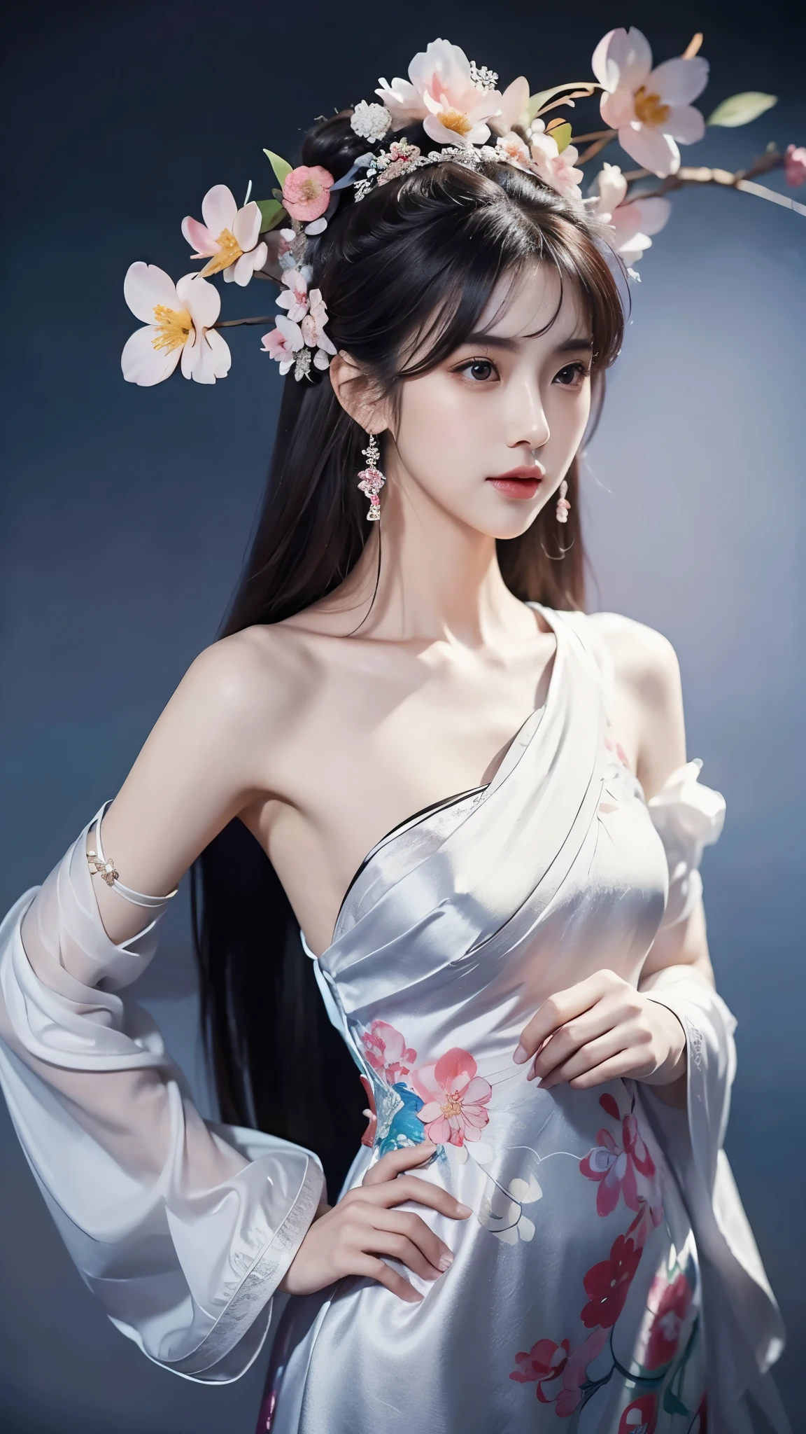 ((Bare shoulder)),Full body shot of woman with flowers in hair, Portraits inspired by Du Qiong, CG trends, Reality, Gorgeous Chinese model, traditional beauty, Chinese girl, cgstation trends, Popular topics on cgstation, Chinese style, palace ， Cute and delicate face, beautiful girl, A beautiful young womanAnatomically correct