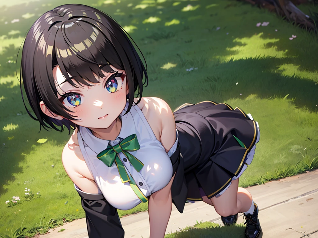 masterpiece, best quality, 4K, a girl, oozora subaru, shy, short hair, black hair, gradient eyes, with sparkling eyes, shiny skin, mini skirt, standing, full body shot, in the park, in the afternoon, dappled sunlight,