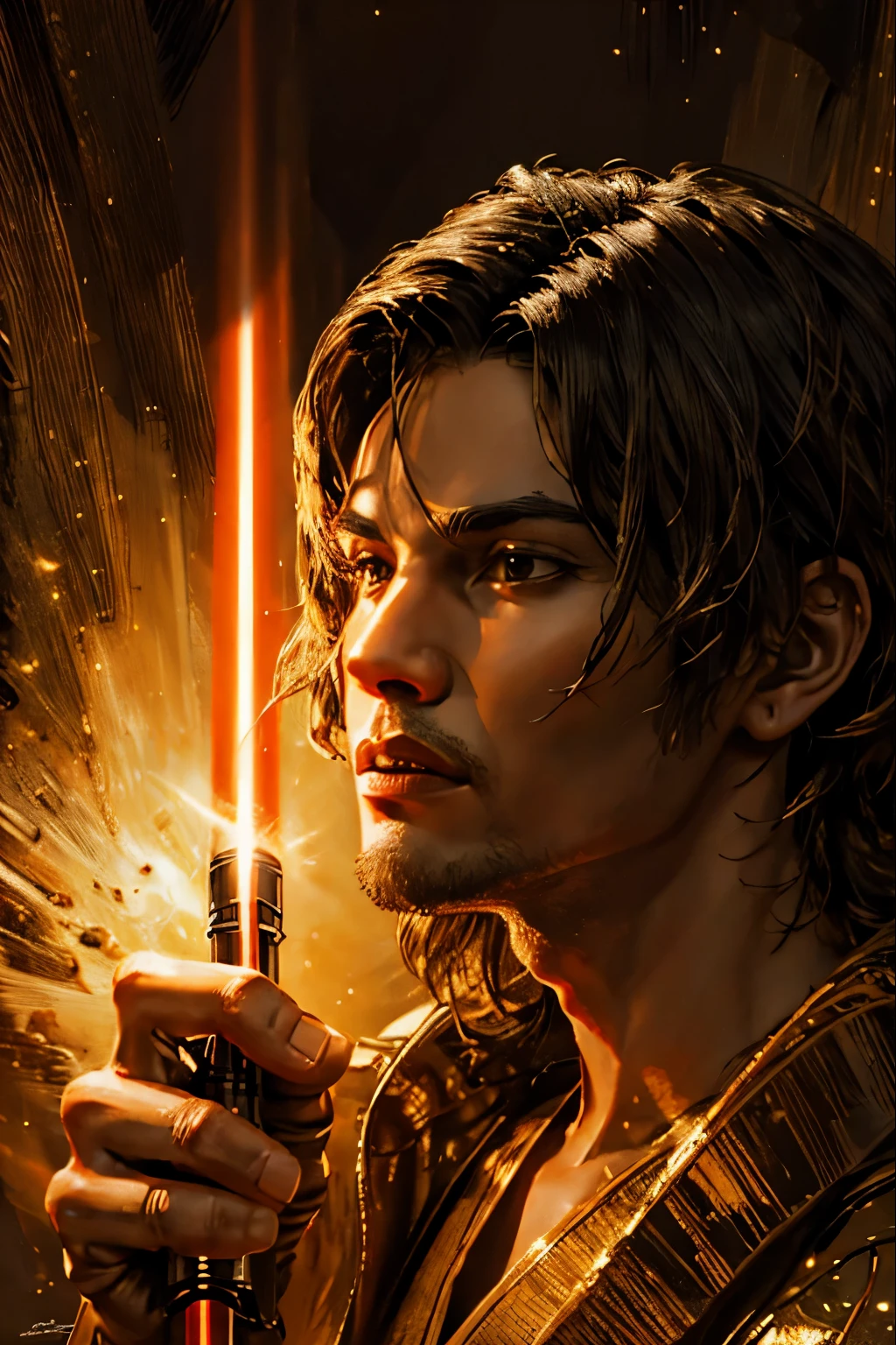 "(best quality,highres),sexy male jedi knight,beautiful detailed eyes,long eyelashes light tan robe, holding a red lightsaber, portraits,star wars background,vivid colors,studio lighting"