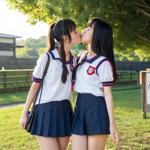 Two Japanese high school girls in short sleeves and shorts are kissing