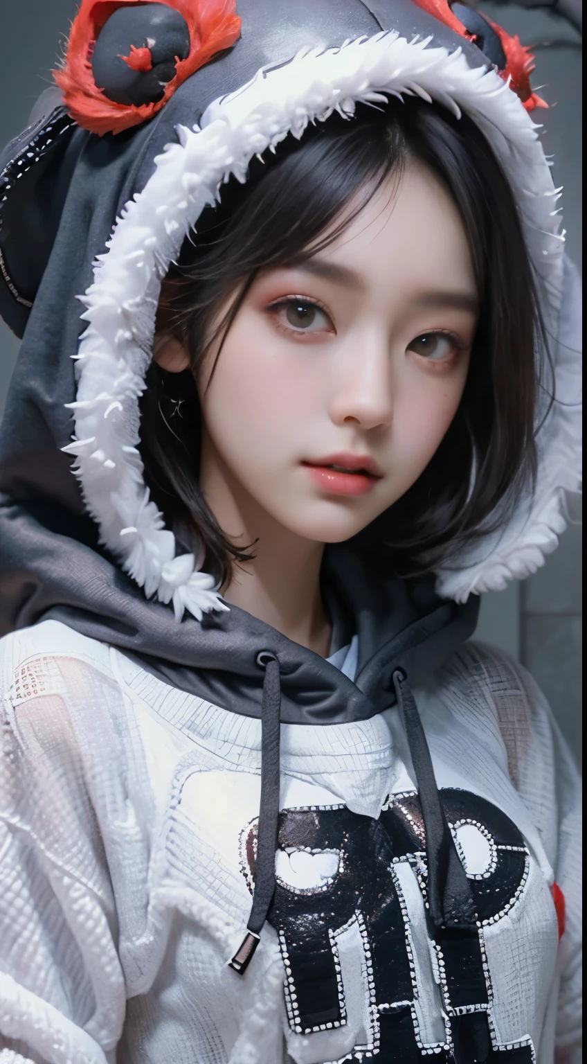 (best quality, 8k, masterpiece: 1.4) Korean woman in her 20s, portrait, enlargement, red eyes, black long nails, forehead, Black Hood, Short hair, black background, hood up, gray hair, red eyeliner, smile