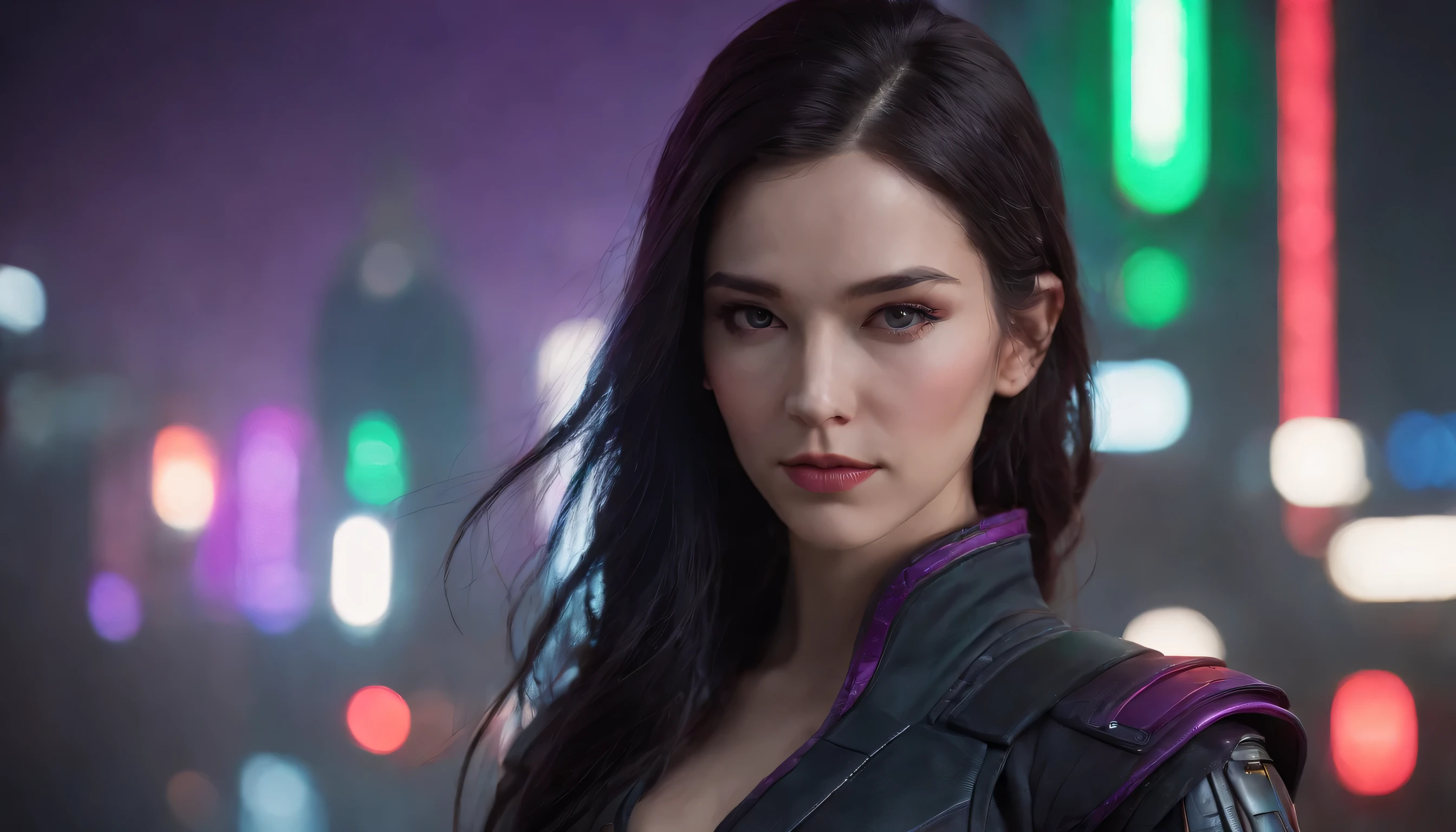 Beautiful woman, anti hero wearing black and purple uniform, laser katana sword in hand, white skin, long black hair, portrait, Jeff Bridges, ((cartoon style)), Marvel Cinematic Universe style, (((cyberpunk city in the background))), soft bokeh of futuristic city, Atey Ghailan, Jeremy Mann, Greg Manchess, Antonio Moro, trend in ArtStation, trend in CGSociety, Intricate, High Detail, Sharp focus, dramatic and photorealistic painting art by Midjourney and Greg Rutkowski, bokeh in the background, red lighting, green lighting, modelshoot style