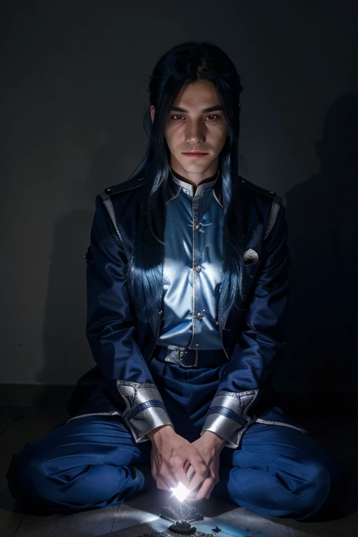 A blue haired male student with silver eyes and long hair in a magical uniform is summoning a shadow creature