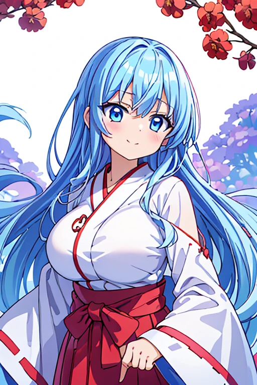 highest quality　High resolution　シンプルなShrine maiden服　Shrine maiden服　Adult female　Anime style illustrations　Shrine maiden　cute　Big Breasts　smile　scarlet hakama　Bright Blue Eyes　Hime cut 　One Woman　Light blue hair　semi-long　　Wide sleeves　Long hem　cute目　White Background　Looking up