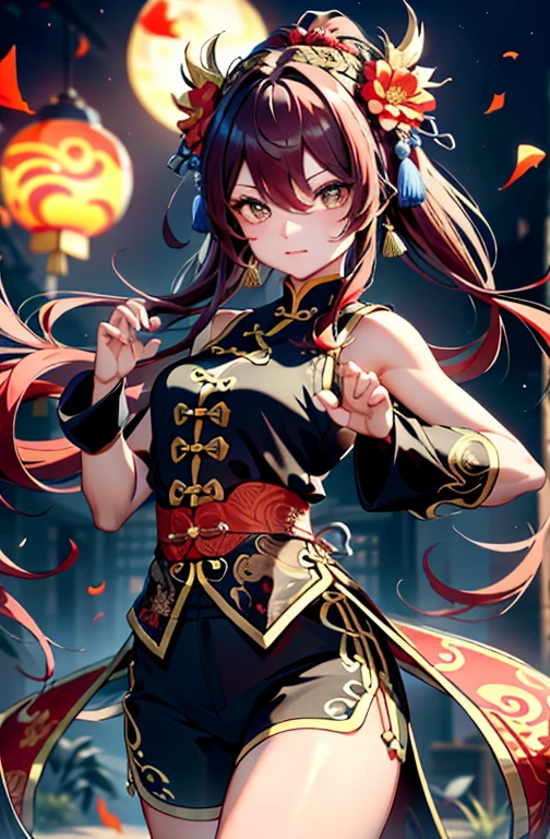 (Top quality、8k、32k、masterpiece、Ultra HD、Very detailed:1.2)、whole body, Chinese dragon and flame、Chinese Lantern，Kick、kung fu pose、Raise one leg，Chinese black shorts、Beautiful face、Blurred background、-yeld bey、Smooth skin、Red Hair、Extra long hair、Double the goodness、black eyes、Red Chinese clothing、floral hair accessories，Chinese Kongfu