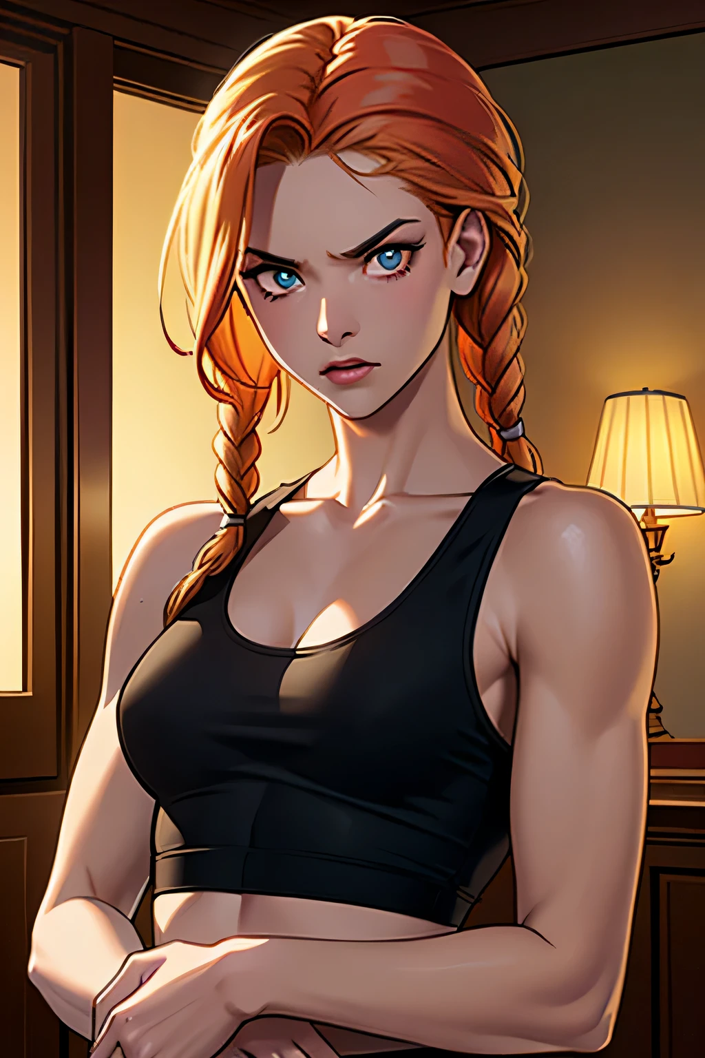 ((1 woman)), beautiful, linear,((masterpiece)), ((best quality)),((Fond d'8k screen)),((very detailed)),,Realistic,studio lighting, Realistic,studio lighting, ultra bright white lighting,((front lighting)),red Hair, medium length hair, ((twin braids)) hanging down in front of chest,((blonde braids, red top hair )), yellow eyes, ((dark skin)) ,high resolution,Photography professionnal, Ultra high detail,32K, dramatic lighting , athletic body, strong shoulders , small breasts, tank top, angry face, angry expression, detailed eyes, perfect eyes, detailed pupils