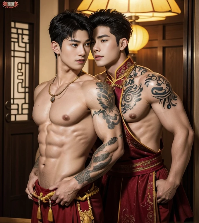 ( safe for work),Two handsome boys kissing, smiling at each other,hugging, kissing, touching lips, cuddle, romantic,skin ship, Chinese Men God, Mythology, realistic, Chinese odyssy, super Handsome,manly, kpop idol, handsome korean actor, 20 years old,, detailed face, manly jawline, detailed mess curly styling hair, Topless, Muscles, big breast Athlete body, Full Frame,full body shoots, Sexy, realistic, human skin, tattoo breast, Professional studio Lighting, long red tibet wedding Outfit, jade and golden pendent all over , detailed jewery in dress, earings,Chinese ancient wedding Background,out door, super detailed background,look at camera , open mouth, thin Underneathe Underwear, tibet Warrior, Hanfu red wedding dress, tibet Male, tibet Nobel, Seduce , bare chest , tattoo chest, tattoo arms, tattoo hands, tattoo back, tattoo legs , tattoo belly, big juicy butts, 